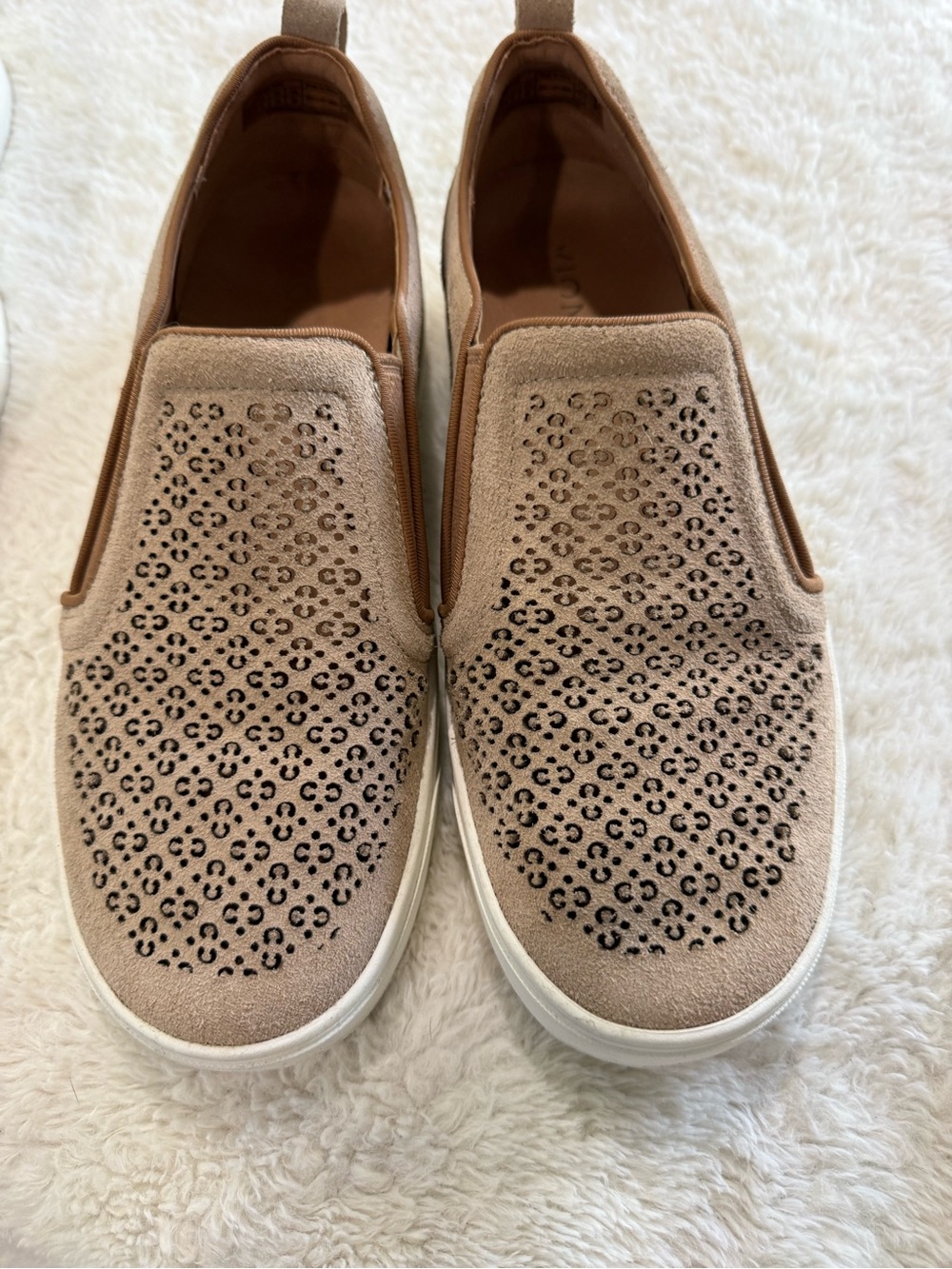 Vionic Taupe Suede Slip-On Sneakers with Laser-Cut Pattern